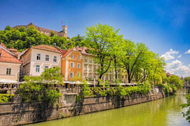 Ljubljanica River cafe terraces old town