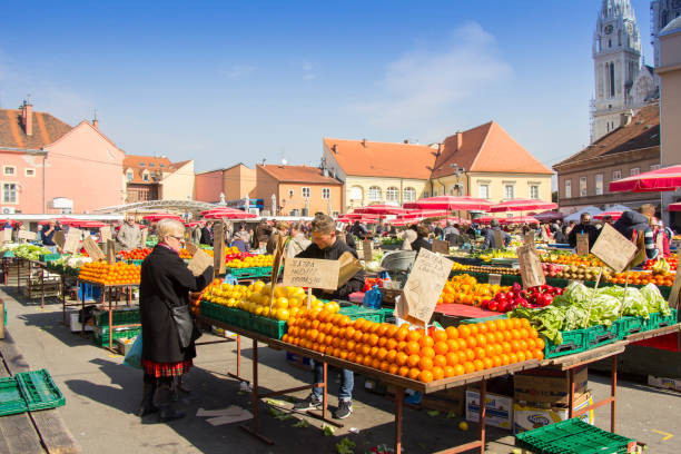 Dolac open air market Zagreb red umbrellas